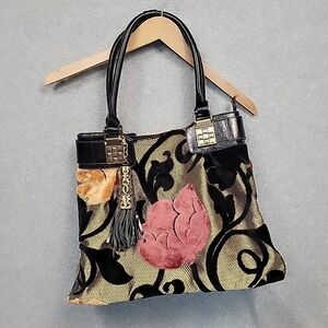Vtg SHARIF 1827 Velvet Woven Tapestry Shoulder Tote Bag Floral Black Gold Pink
